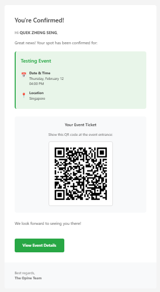 A confirmed attendee's ticket, with check-in QR.