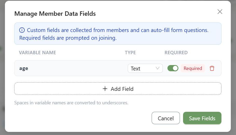 Defining custom member data fields.