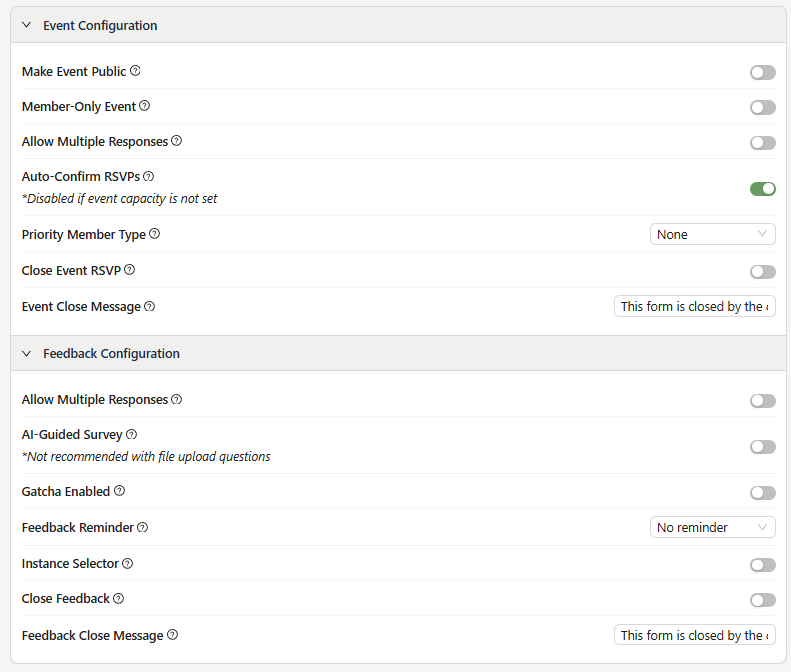 Event configuration settings.