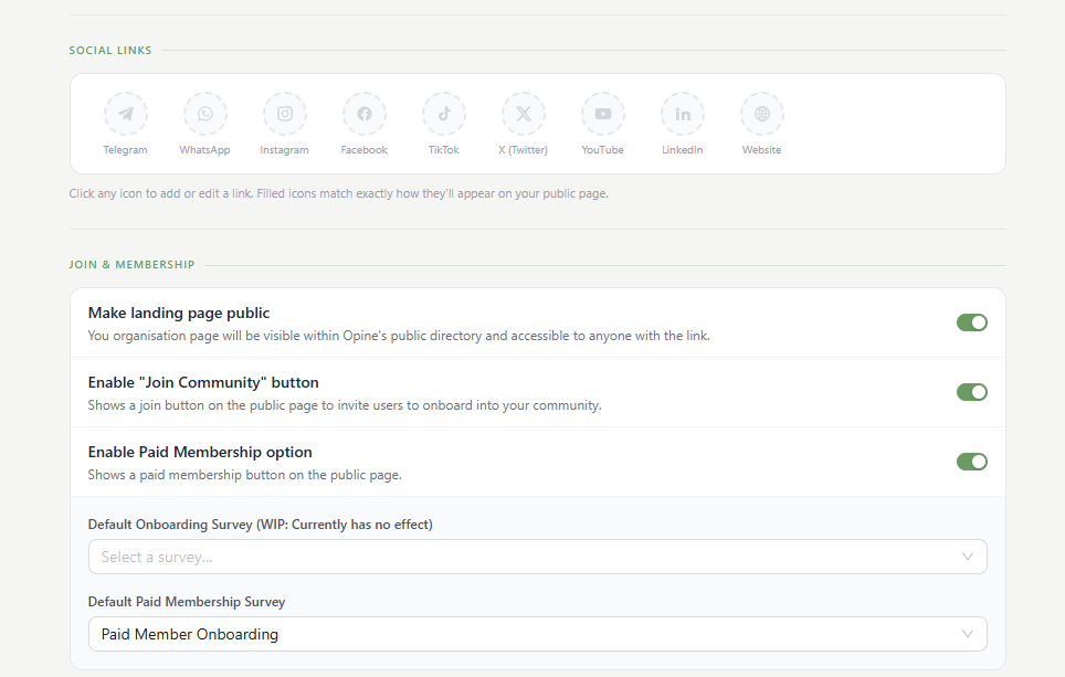 The Landing Page Editor with membership toggles.