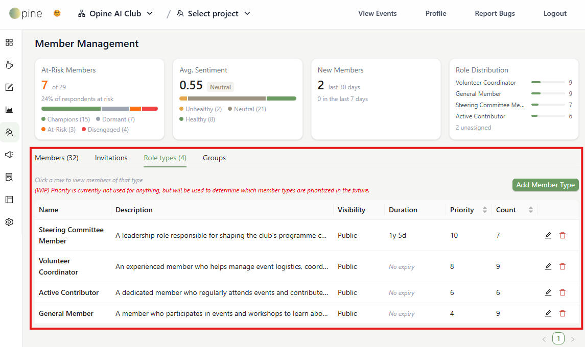The membership-type table in Members Management.