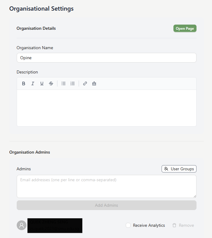 The Organisation Settings tab.
