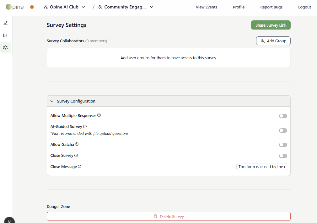 Survey settings, sharing, and close controls.