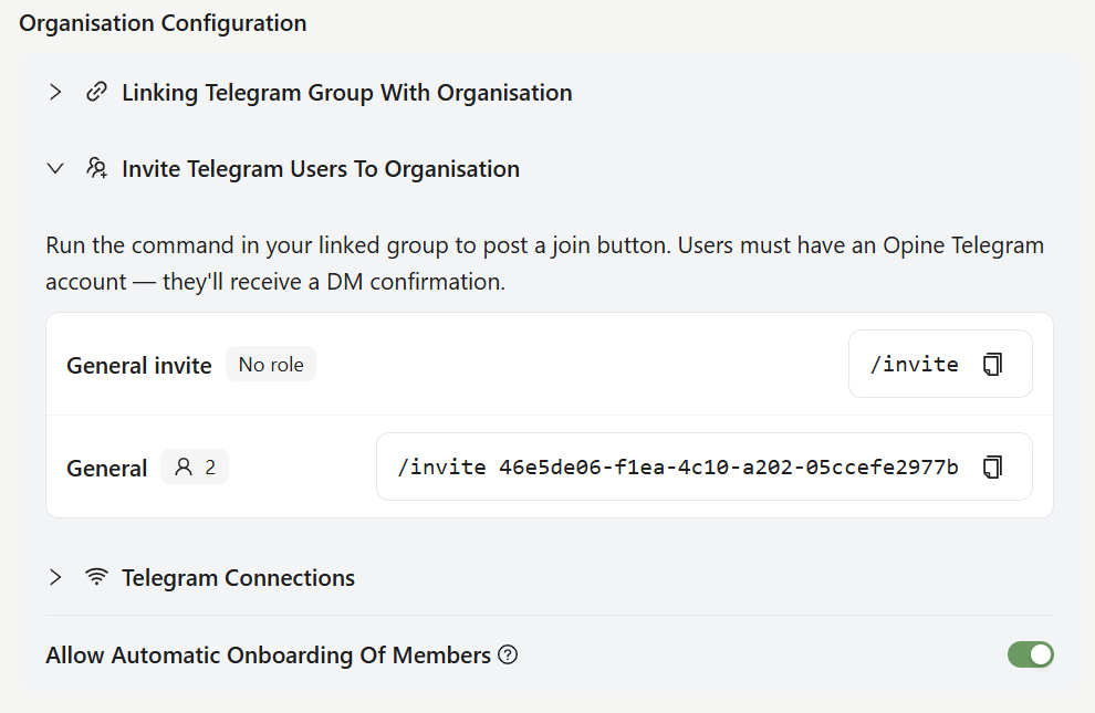 Invite commands, each mapped to a member role.