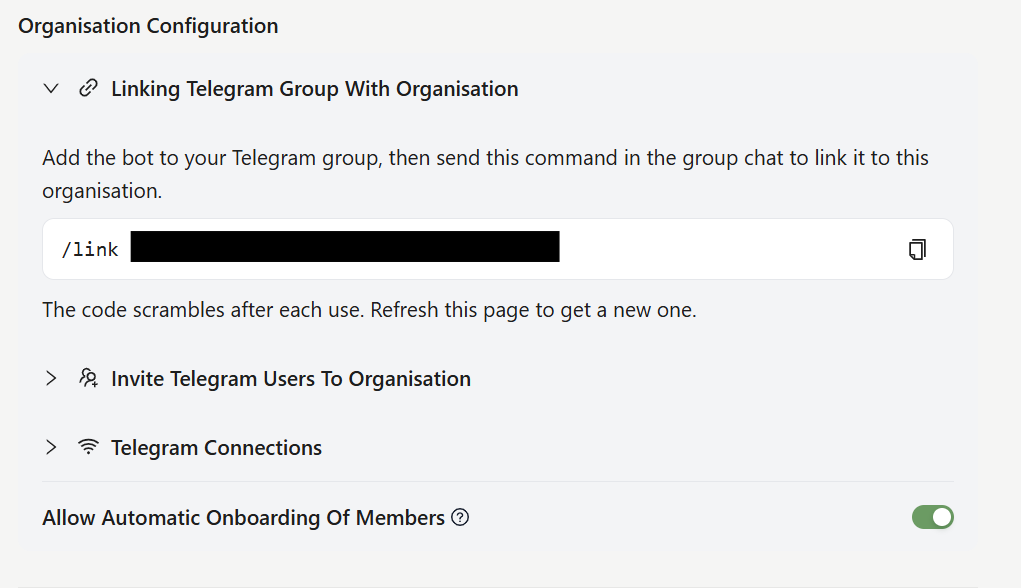 Linking a Telegram group with your organisation.